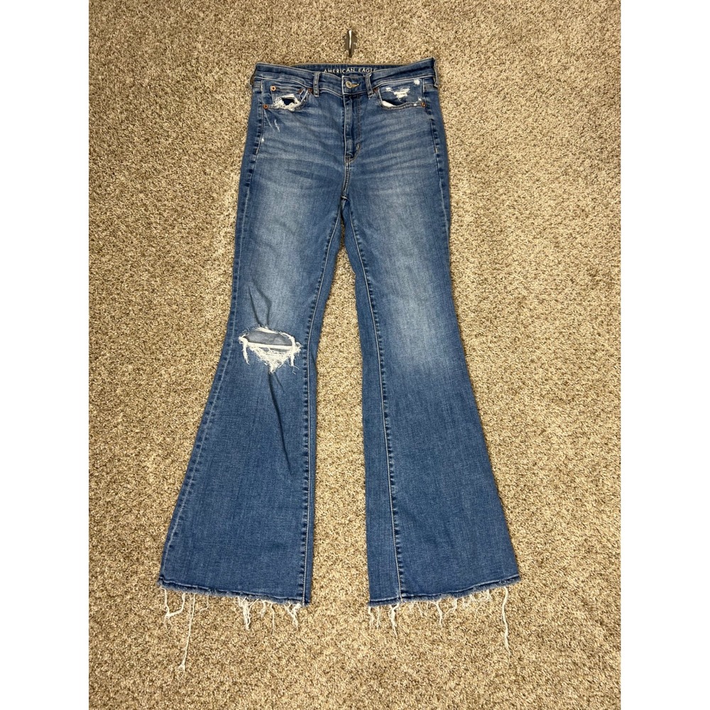 American Eagle Super Hi-Rise Flare Jeans Blue Distressed Raw Hem Size 6 Regular